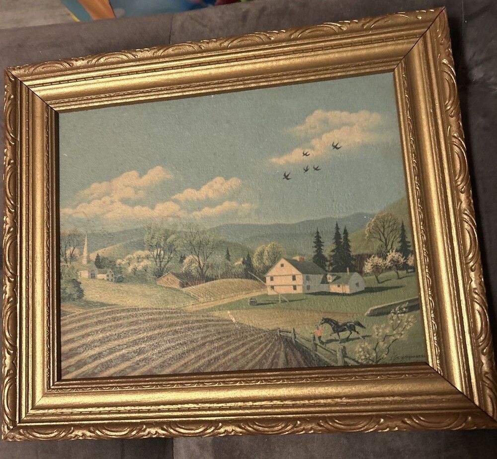 Vintage 1947 Charlotte Joan Sternberg Folk Art Farm Print Ornate Gold Frame